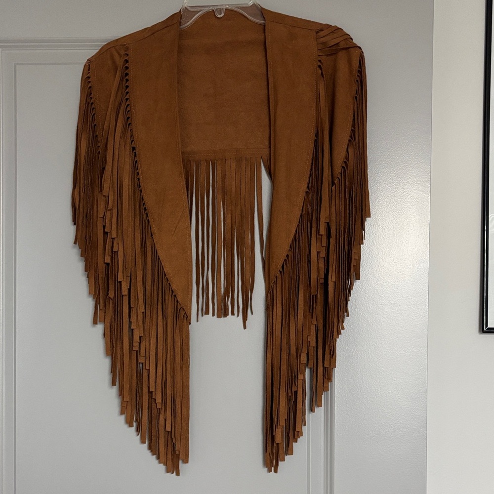 Brown Suede Fringe Open Front Jacket - Women's